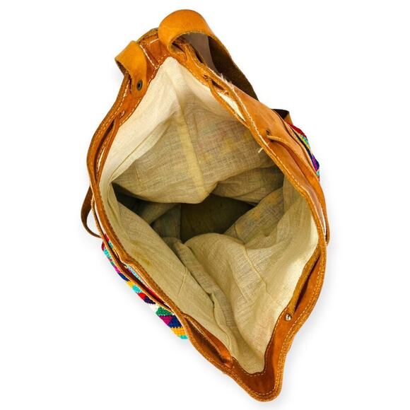 Vintage 90s Traditional Ethnic Leather Knit Drawstring Bucket Bag Multi Unisex - Picture 10 of 10